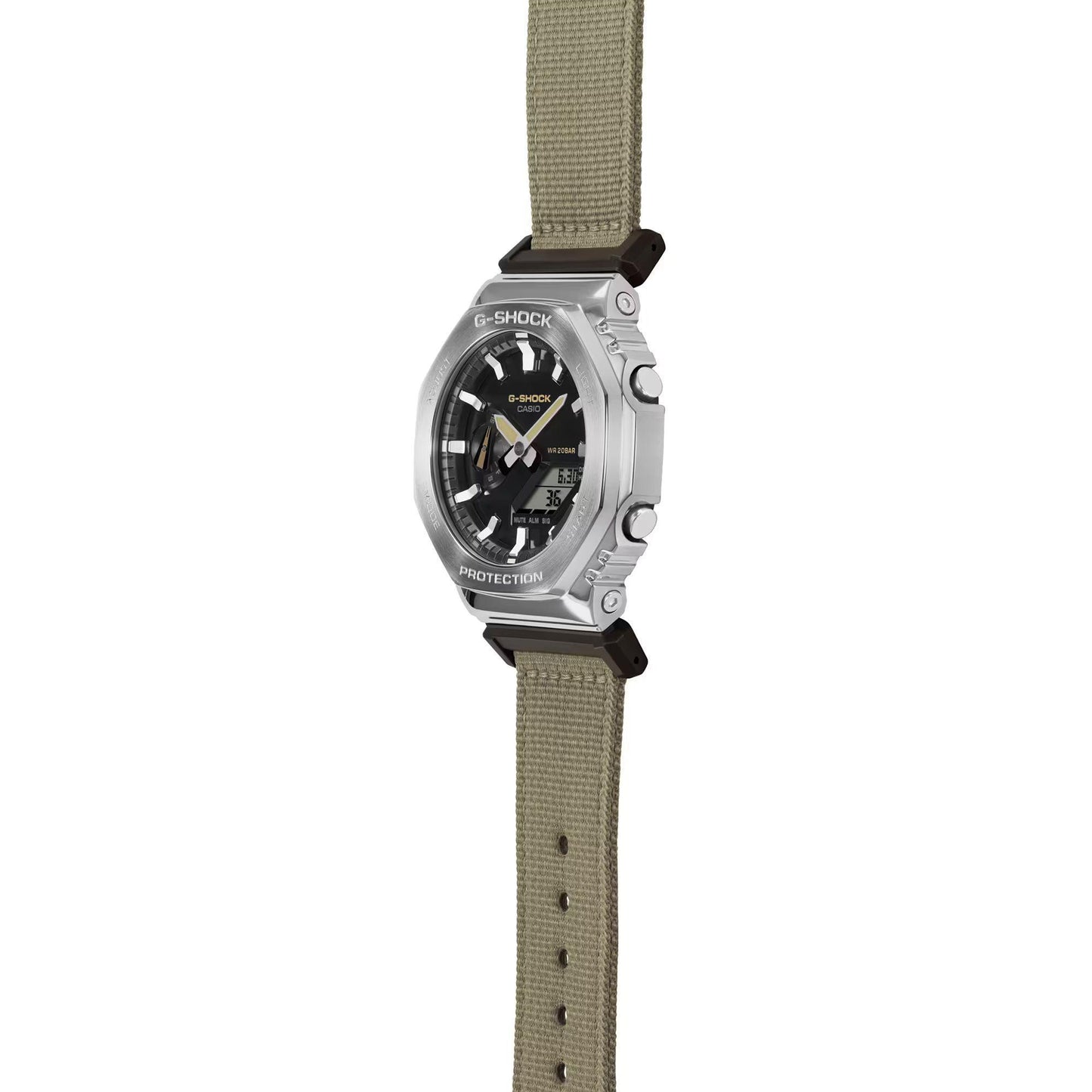 Casio G-Shock Analog-Digital Utility Metal Stainless Steel Bezel Beige Cloth Strap Watch | GM2100C-5A