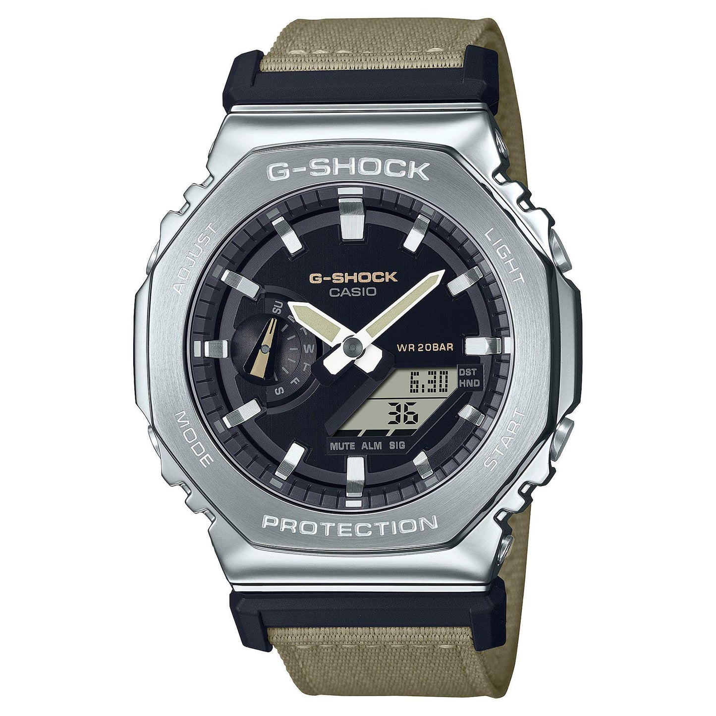 Casio G-Shock Analog-Digital Utility Metal Stainless Steel Bezel Beige Cloth Strap Watch | GM2100C-5A